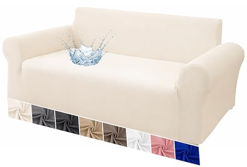 VKZ Sofabezug Wasserdicht Stretch für 2-Sitzer Sofa, Wasserabweisender Sofa Überzug Waschbar, Couchbezug mit Armlehnen,Creme