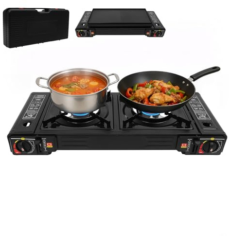 Bärbar campingspis 2 lampor med bakplåt + bärväska gasspis 2 x 2 500 W dubbelbrännare gasgrill halkskyddsfötter camping gaskökare säkerhetsventil för trädgård, picknick, BBQ (butan/LPG)