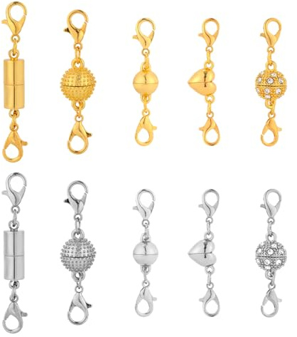 10pcs Magnetic Necklaces Clasps, Magnetic Clasp Connectors Fasteners Extender with Double Lobster Clasps for Women Jewelry Bracelets Anklets (5 Styles, Gold-Colored & Silver)
