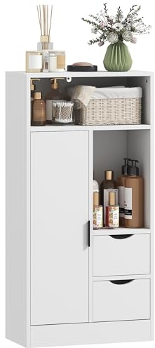 HOMCOM Meuble de Salle de Bain, Meuble de Rangement étroit avec 2 tiroirs, Compartiments Ouverts, Placard et étagère réglable, Armoire Salle de Bain, Salon, Chambre, 50 x 25 x 100 cm, Blanc