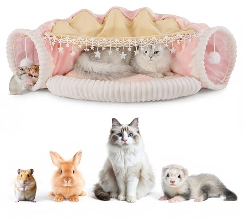 Letto a tunnel per gatti, 2 in 1 tubi a tunnel pieghevoli con tenda rimovibile, parco giochi e tunnel nascosti per gatti, gatti, cani piccoli, cuscino lavabile facile da piegare e riporre rosa
