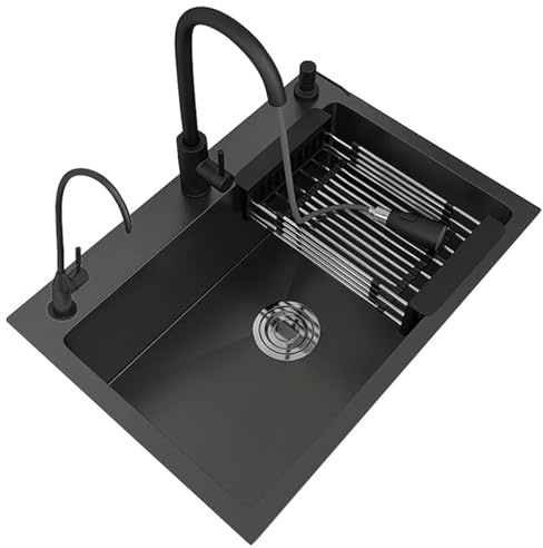 Fregadero grande de acero inoxidable con un lavabo, negro, incluye dispensador de jabón y escurridor, apto para cocinas, hoteles y restaurantes (65 x 45 cm)