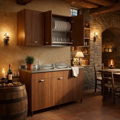 Linea Azzurra Sottolavello Cucina 120 Completo con Pensile 40, Colapiatto, Lavello e Miscelatore Mobile 3 Ante in Legno Made in Italy H85xL120xP50cm (Noce Antico, Vasca a Destra)