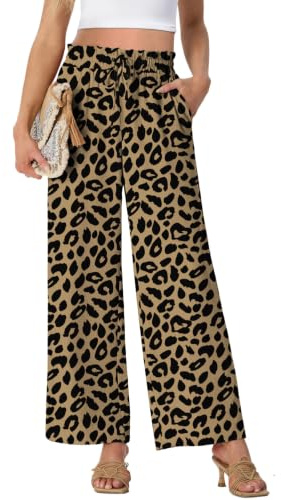 PrinStory Pantalones De Pierna Ancha Para Mujer Palazzo Ligero Pantalones De Cintura Alta Sueltos Casual Rectos Pantalones De Verano, Leopard Khaki, S