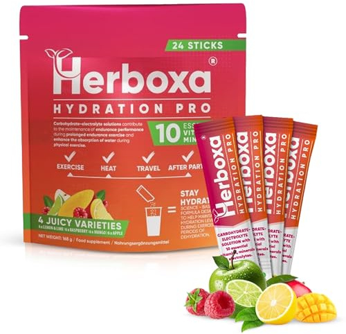 Herboxa Hydration Pro Electrolitos Sin Azúcar Sticks, Electrolitos para Deporte, Electrolitos en Polvo Con Magnesio, Potasio, Colina y Vitaminas B, 4 Tipos Mix Electrolitos en Polvo