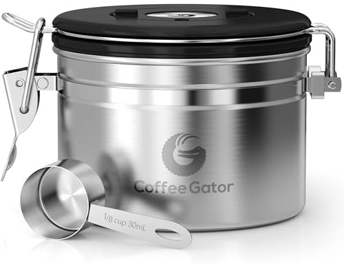 Coffee Gator Coffee Canister Airtight 900 mL, Stainless Steel Kitchen Food Storage Container with Date Tracker, CO2 Valve, Scoop for Grounds Coffee, Beans,Tea, Sugar, Flour, Snacks