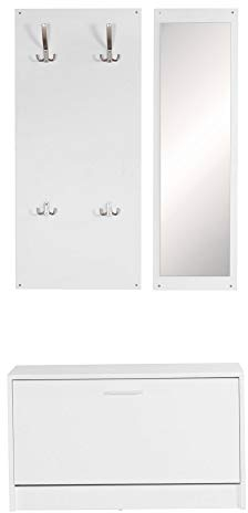 FineBuy Wand-Garderobe Salerno mit Garderobenpaneel Spiegel & Schuhkipper 80 cm breit 27 cm Schmal, Flurgarderobe Klein Garderobenset Modern Schuhschrank Flur Holz, Garderobe Platzsparend Weiß