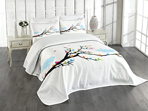 ABAKUHAUS Bunt Tagesdecke Set, Winged Vögel auf Baum, Set mit Kissenbezug Klare Farben, für Einzelbetten 170 x 220 cm, Mehrfarbig