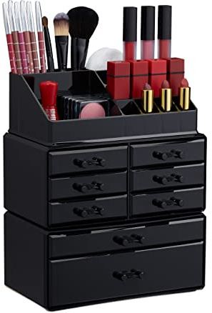 Relaxdays 1 x Make Up Organizer mit Schubladen, stapelbarer Schmuckkasten für Make Up, Acryl Schminkaufbewahrung, schwarz