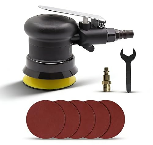 Lijadora orbital neumática aleatoria de 3 pulgadas, mini lijadora de palma de aire de 75 mm para trabajo corporal automático, madera, metal, con 5 discos de lijado, entrada de aire de 1/4 pulgadas