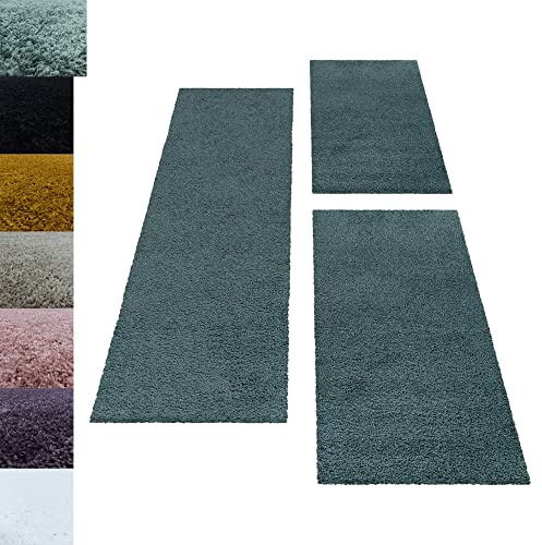 Set di tappeti a pelo lungo Shaggy, per camera da letto, 3 pezzi, tinta unita, colore: acqua, set da letto: 2 x 60 x 110 + 1 x 100 x 200 cm