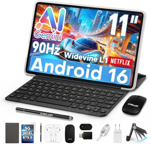TECLAST P50T Tablet 11 con 10 Accesorios Android16, 90Hz 128GB+5TB 8000mAh | 2Ghz Octa-Core T7250 Gemini AI, Widevine L1, 5G WiFi, GPS, Tablet con Teclado+Soporte+Ratón+Funda+Auriculares+Lápiz+OTG