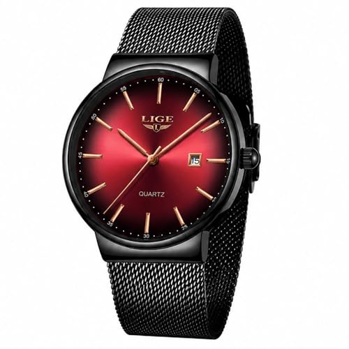 LIGE Mens Watches Ultra-Thin Stainless Steel Mesh Strap Date Black/Red