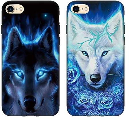 Tveinan Hülle für iPhone SE 2022/8/7/ iPhone SE 2020 Handyhülle, 2 Pack Weiche Silikon Schwarz Schutzhülle für iPhone 8, Slim TPU Bumper Stoßfest Case, Süß Muster Motiv Silikonhülle Cover - Wolf