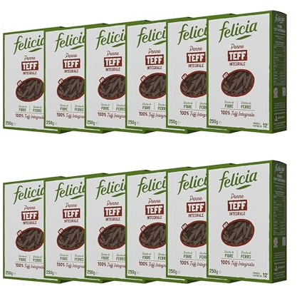 Felicia, Penne Rigate di Teff Integrale, Pasta Biologica Ricca Fonte Fibre, Ferro, di Magnesio e di Fosforo, Conserva il Gusto Autentico della Cucina Etiope, Vegan, Box da 12 Confezioni
