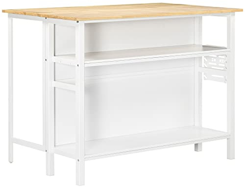 HOMCOM Isola Cucina con Piano di Lavoro Pieghevole, Tavolino Salvaspazio con 2 Ripiani in Legno e Acciaio, 120x76x91.5cm, Bianco