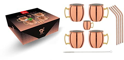 ich-zapfe Moscow Mule Mug Set of 4 Copper Mugs - Mug en cuivre avec pailles et boîte Cadeau I Moscow Mule Copper mug Set with Traditional Smooth Surface as gin Cup & for Cocktail.