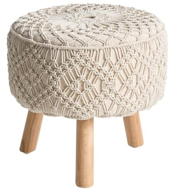 Hocker aus Baumwolle Holz beige 40 x 40 cm mit Makramee im Boho Stil Manzai