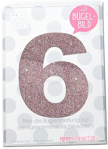 Mimmis Traktor Bügelbild Zahl Wunschzahl 10 cm Geburtstags Shirt 0-9 Aufbügler Applikationen Bügelsticker für Stoffe Textilien Kinder zum Aufbügeln Flicken, Farbe:Glitzer confetti, Zahl:6