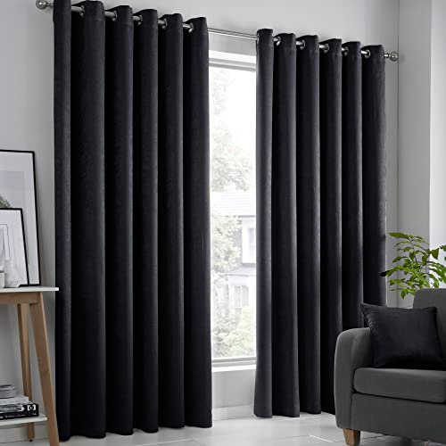 Fusion Strata Black Eyelet Curtains 90x72 – Thermal Drapes – 2 Panels – Room Darkening Window Treatment for Bedroom, Living Room & Doors