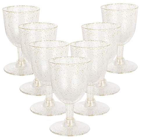 JMIATRY 100 Pcs Plastic Wine Glasses, 150ml/5.3oz Multi-Use Red Wine Glasses, Gold Glitter Reusable Plastic Wine Glasses for Wedding, Christmas, Birthday Party and Daily Use