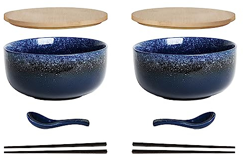 Ramen Schüssel Keramik 2 Set (8 Stück) mit Löffel Essstäbchen，1100 ML Großer Suppenschüssel,Salatschüsseln Für Suppe, Pho und Sushi Bowl (Stern blau 2 Set)