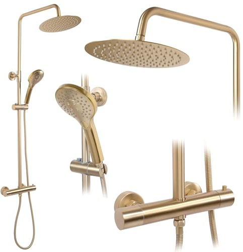 Rea Duschsäule mit Thermostat VINCENT Gold Brush Messing Duschsystem für Badezimmer (Gold)
