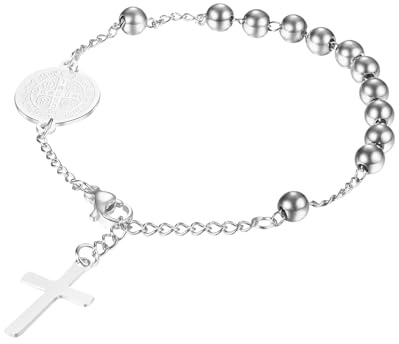 Flongo Christus Kreuz Rosenkranz Armband Jesus Kruzifix Armband Edelstahl Armband mit Heiliger Benedikt Medaille für Frauen