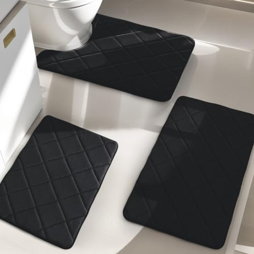 YIHOUSE Badezimmerteppich-Set, 3-teilig, ultraweich, Memory-Schaum, rutschfest, maschinenwaschbar, Badteppich-Set, wasserabsorbierend für Badezimmer, WC, Schwarz