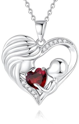 FANCIME Mom Birthstone Necklace Garnet Mother and Child Love Heart Necklace I Love You Mom Gifts Mothers Day January Jewelry Gifts for Grandmother Women Wife, 16+2 Inches