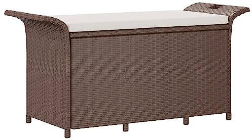 Makastle Sitzbank für Balkon und Garten, Gartenbank Kissenbox mit Stauraum, Sitzbank aus Poly Rattan für 2 Personen, Truhenbank mit Auflage, 116 x 46 x 57 cm Braun