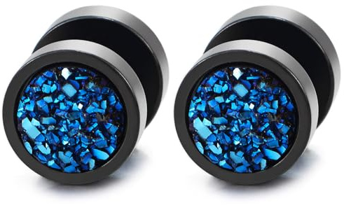 COOLSTEELANDBEYOND 10MM Uomo Donna Nero Cerchio Orecchini con Blu Luccichio, Acciaio Finto Dilatatore Fake Cheater Plug Gauges, 1 Paio