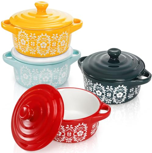Goaste 4 Pack Porcelain Ramekins with Lids, 7 OZ Mini Casserole Dish with Handles, Round Ceramic Cocotte Bowl Set, Individual Small Baking Dish for Souffle, Creme Brulee, Lava Cake, Soup (4 Colors)