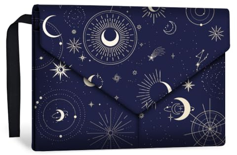 GOMAKERER 1 Stück wasserdichte Buchhülle Für Buchliebhaber Buchschutz Mit Mond Und Stern Aufdruck Waschbare Buchhülle Aus Stoff Mit Vordertasche Und Druckknopf Für Taschenbücher 30x23cm