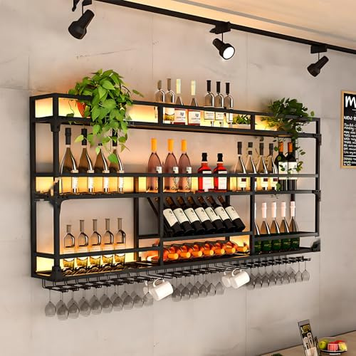 Weinregal zur Wandmontage, Wand montiertes Weinregal mit Weinglasregal, Metallbar Weinflaschen Präsentationsregal, Weinglas Hängeregal, geeignet für die Dekoration von Bar, Café (BLACK, 150*25*90CM)