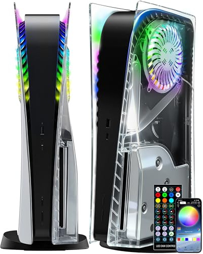Joso Carcasa para placa frontal con tira de luz LED RGB para PS5 Disc Edition, ABS antiarañazos, resistente al polvo, carcasa de repuesto con ranuras para ventilador, sincronización de música con 8