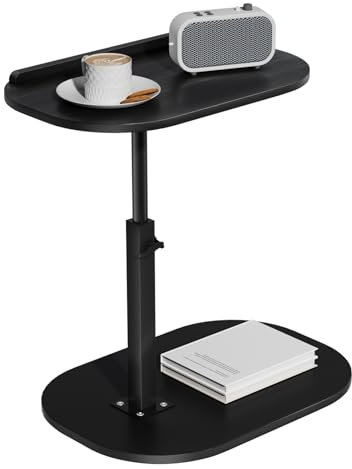 gihusrzx C Shaped Side Table Sofa Tray for Couch Heavy Metal Base 360 Degree Swivel/Adjustable Height, 2-Tier Storage Sofa Bed Bathroom Study TV Tray End Table Food Snack Trays for Eating Black