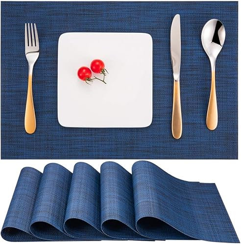 Lot de 6 sets de table en vinyle lavables, tissés, lavables, antidérapants, résistants à la chaleur, pour cuisine, table à manger, hôtel, 30 x 45 cm (bleu foncé)
