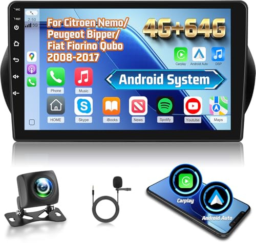 4+64G Car Radio for Fiat Fiorino Qubo/Citroen Nemo/Peugeot Bipper 2008-2017 | Techschermo 10 Inch Touchscreen Android Car Stereo - Wireless Carplay and Android Auto / GPS / WiFi / SWC + AHD Backup Camera