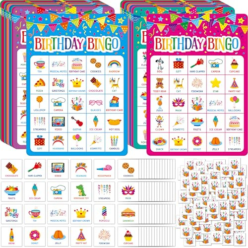 SpriteGru Birthday Bingo Game, 25PCS Bingo Board Card, 25 Players Birthday Party Game Set for Kids or Adults, Party Favor Decoration Supplies