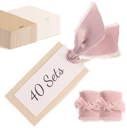 40 Pcs Name Place Cards for Table Setting, Wedding Place Cards with Dusty Pink Ribbon, 3.94 X 2.17 Blank Table Name Cards for Dinner Party Events, Hanging Gift Tags, Table Setting Supplies