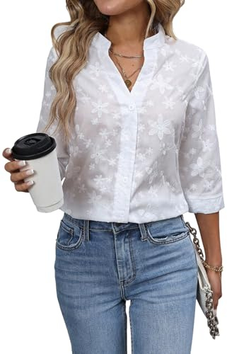 GORGLITTER Damen Bluse Elegant 3/4 Ärmeln Hemdbluse mit Knöpfen vorn Hemdshirt mit V-Ausschnitt Damenblusen mit Blumen Stickerei Business Outfit Weiß L