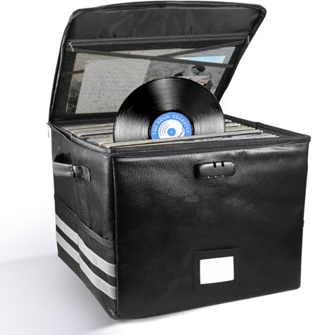 Bryzal Vinyl Record Storage Box with Lock, 12 Inch Fireproof Waterproof Vinyl Storage Case for Holds up to 100+ Single Records, Collapsible Portable Record Organizer for Collect Albums CDs Files