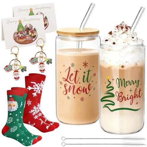 Weihnachtstasse, 2er 500ml Trinkgläser mit Deckel und Strohhalm, Weihnachtssocken, Schlüsselanhänger, Grußkarten, Weihnachtsgläser, Weihnachten Gläser, Tasse Weihnachten, Weihnachtsgeschenke Set