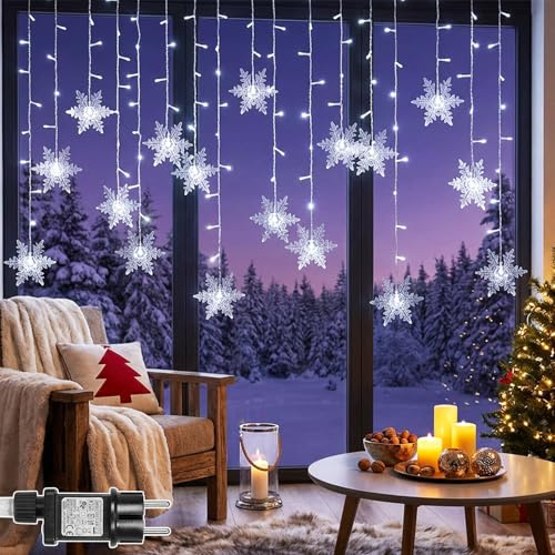 PLODAXE Lichtervorhang Schneeflocken 1.8m 94 LEDs Lichterkette Fenster Innen Weihnachten mit Timer 8 Modi Speicherfunktion, Lichterkettenvorhang Anschließbar IP44 für Außen Balkon Hochzeit (Weiß)