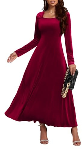 ORANDESIGNE Robe en Velours Femme Longue Robe de Soirée Automne Hiver Élégant Robes Velours Manches Longues Maxi Robes Cocktail de Noël D Bordeaux XL