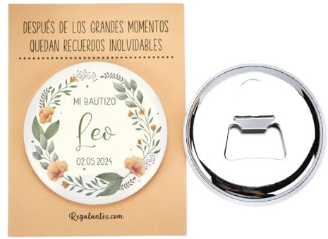 Pack de 12 Chapas abrebotellas personalizadas con imán, 58 mm, Envoltorio opcional, Detalles bautizo, Detalles invitados bautizo, Detalles personalizados bautizo, Regalantes (Modelo Arco)
