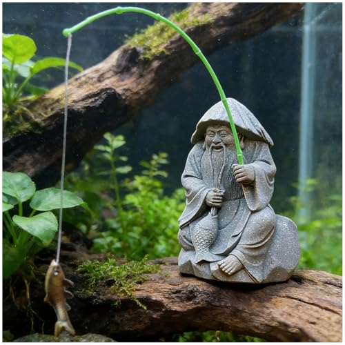 livelyfish Mini Fisherman Statue Asian Zen Decoration Sitting Fishing Figurines Sandstone Vintage Ornament for Aquarium Fish Tank Pot Garden Home Japanese Decor (E2)
