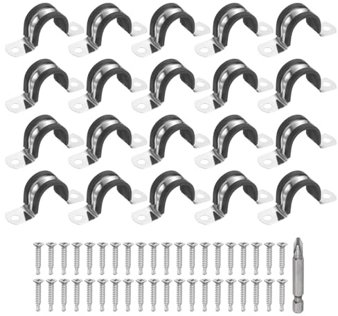 sourcing map Juego de 20 abrazaderas de correa de tubo en U M25, abrazadera de goma acolchada con tornillo y broca para automoción industrial, marino, hogar