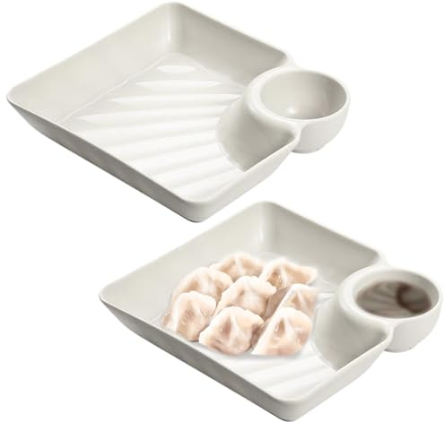 Odoukey 2 Pcs PP Chip and Dip Serving Set, Square Divided Vinegar Dish Chip and Dip Bowl, White and Serving Platter